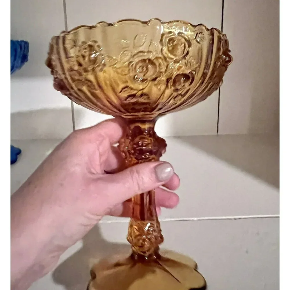 Vintage Fenton Cabbage Rose, Amber Glass Footed Compote‎ Candy Dish